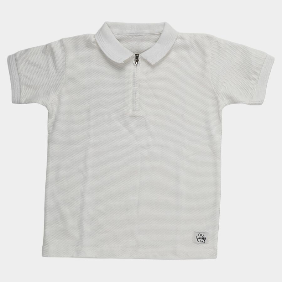Boys White Cotton Round Neck Casual Half Sleeves T-Shirt, ऑफ व्हाइट, large