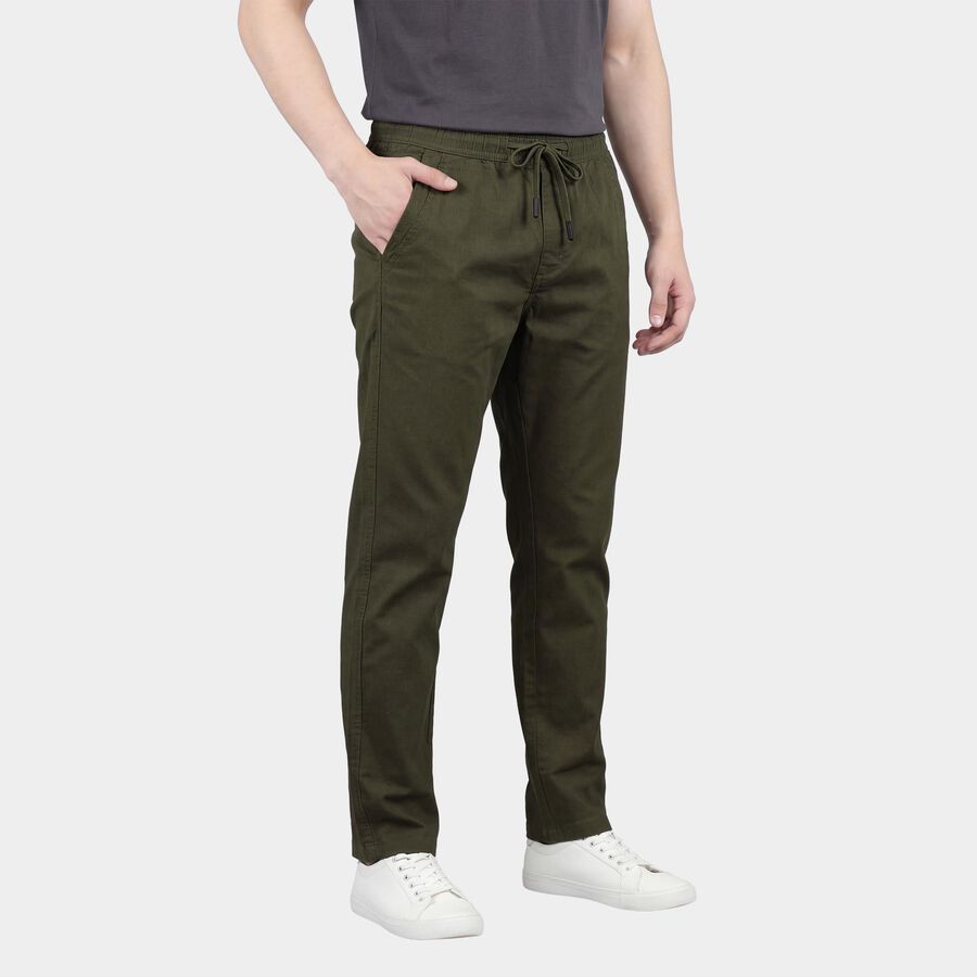 Men's Olive Slim Fit Flat-Front Casual Trousers, ओलिव, large