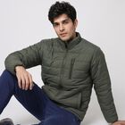 Men's Olive Green Stand Collar Puffer Jacket, Olive, small