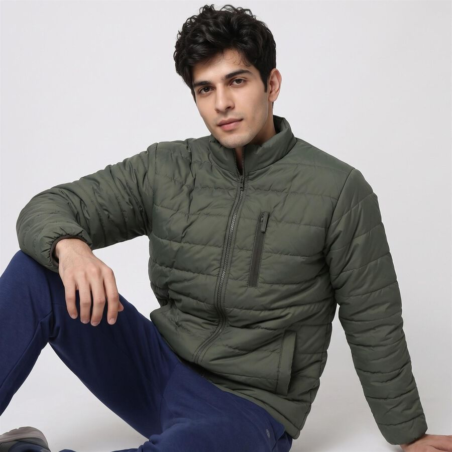 Men's Olive Green Stand Collar Puffer Jacket, Olive, large