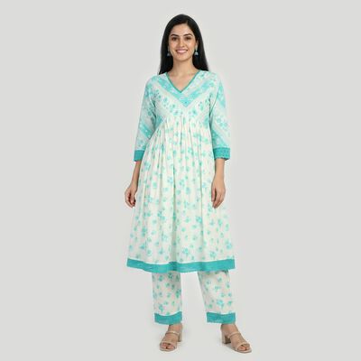 Women's Light Blue V-Neck Floral Printed Kurta
