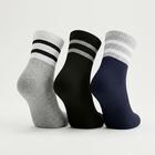 Men's Ankle Length Regular Fit Striped Pack of 3 Socks ( Black, Grey, Navy ), Navy Blue, small