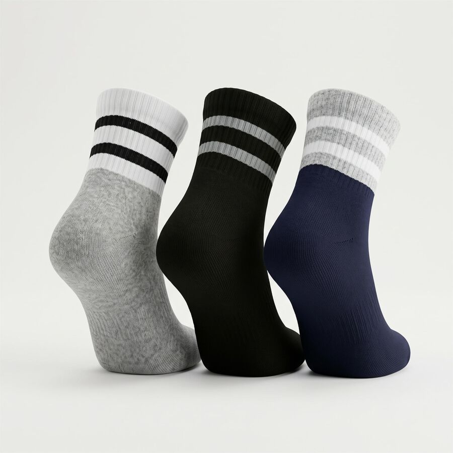 Men's Ankle Length Regular Fit Striped Pack of 3 Socks ( Black, Grey, Navy ), Navy Blue, large