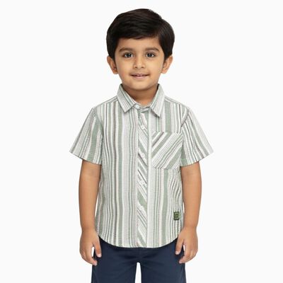 Boys Light Sage Green Striped Half Sleeve Classic Casual Shirt