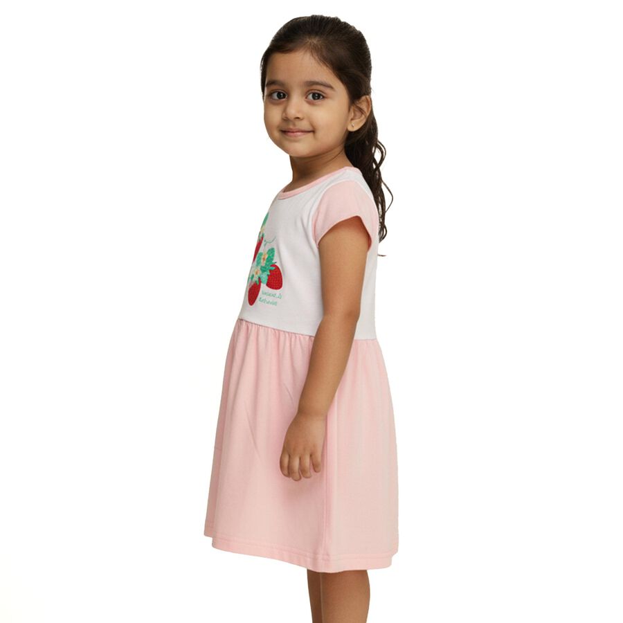 Girls' Soft Pink Strawberry Printed Flared Frock, Light Pink, large image number null