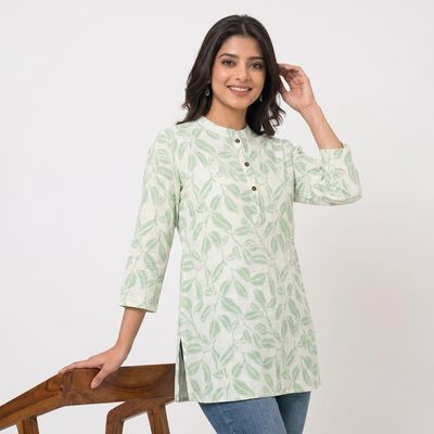 Women's Mint Green Cotton Mandarin Collar Floral Printed Straight Kurti
