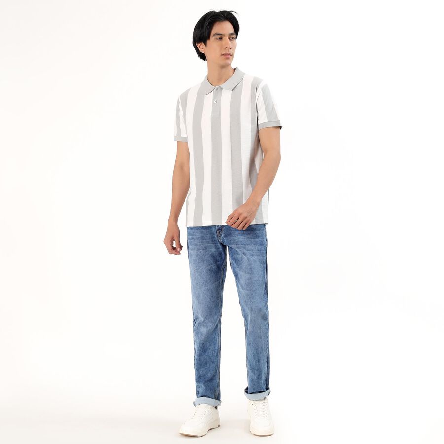 Men's Light Grey Polo Neck Striped T-Shirt, Light Grey, large image number null
