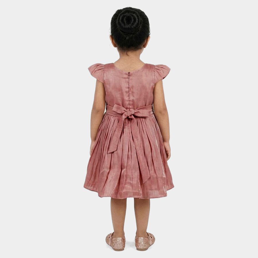Girls' Pink Bow Embellished Pleated Party Wear Frock, हल्का गुलाबी, large