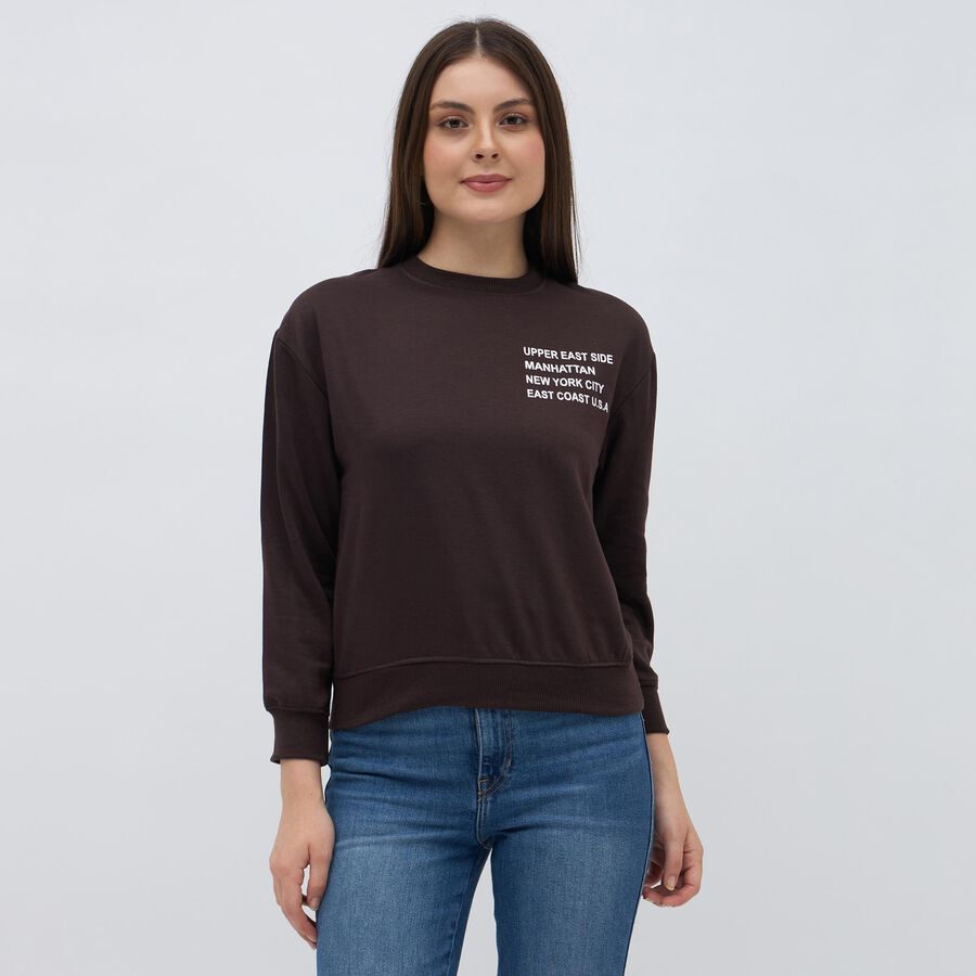 Women's Dark Chocolate Brown Crew Neck Casual Sweatshirt, भूरा, large image number null