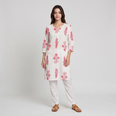 Women's Pink Notch Neck Floral Printed Kurta