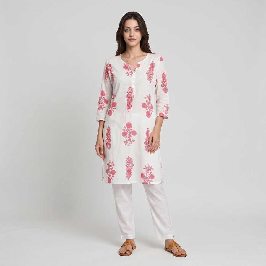 Women's Pink Notch Neck Floral Printed Kurta, Pink, large