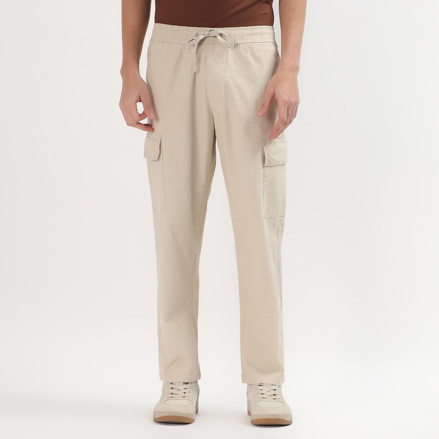 Men's Light Beige Slim Fit Cargo Trousers, Off White, large