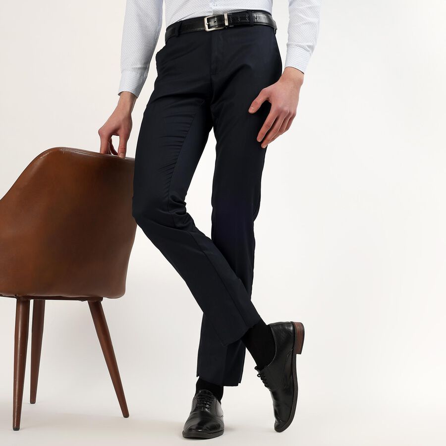 Men's Deep Midnight Navy Slim Fit Flat-Front Formal Trousers, Navy Blue, large