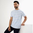 Men's Light Blue and White Round Neck Striped T-Shirt, Sky Blue, small