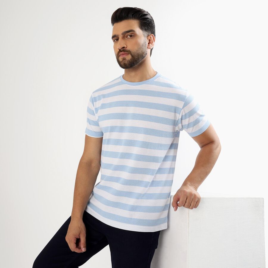 Men's Light Blue and White Round Neck Striped T-Shirt, Sky Blue, large