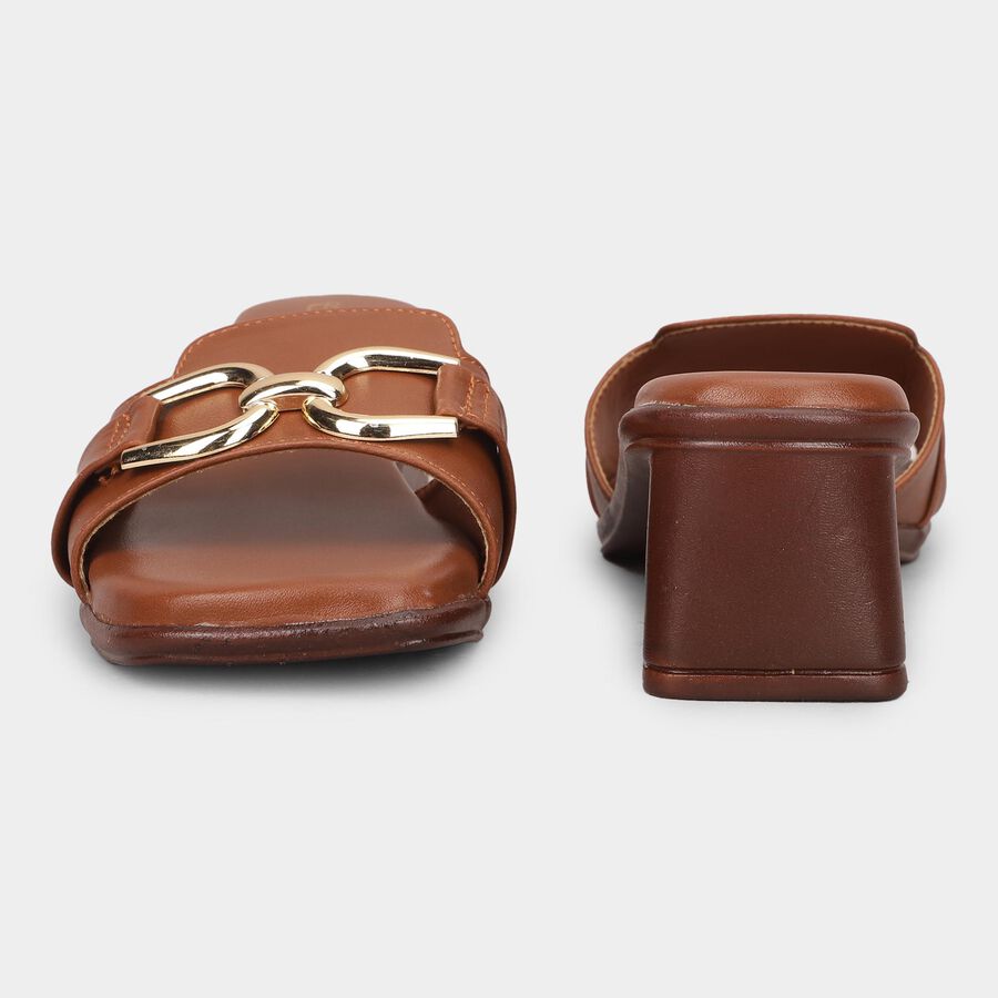 Women's Tan Slip-On Block Heel Sandals, Tan, large