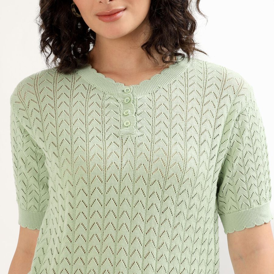 Women's Light Sage Green Scalloped Neck Casual Top, हल्का हरा, large