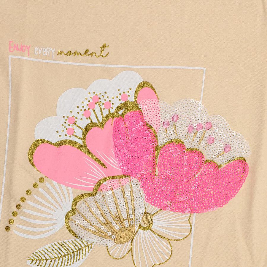 Girls Light Beige Cotton Round Neck Casual T-Shirt, गहरा पीला, large image number null