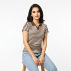 Women's Brown Polo Neck Striped Polo T-Shirt, भूरा, small