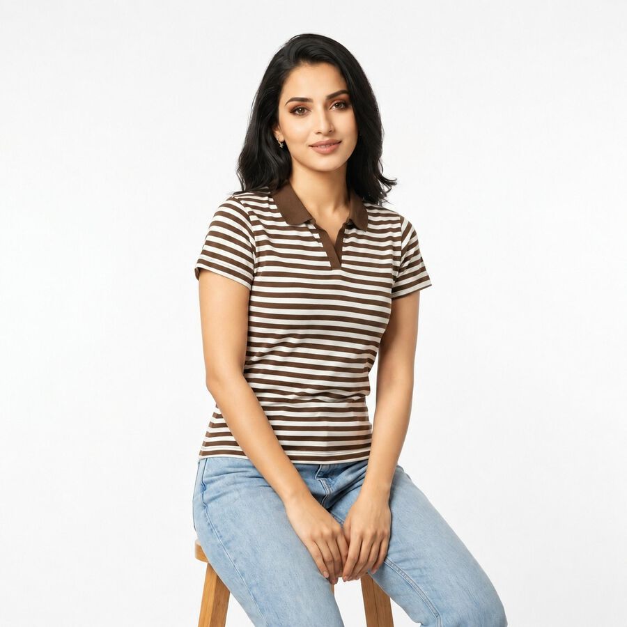 Women's Brown Polo Neck Striped Polo T-Shirt, भूरा, large