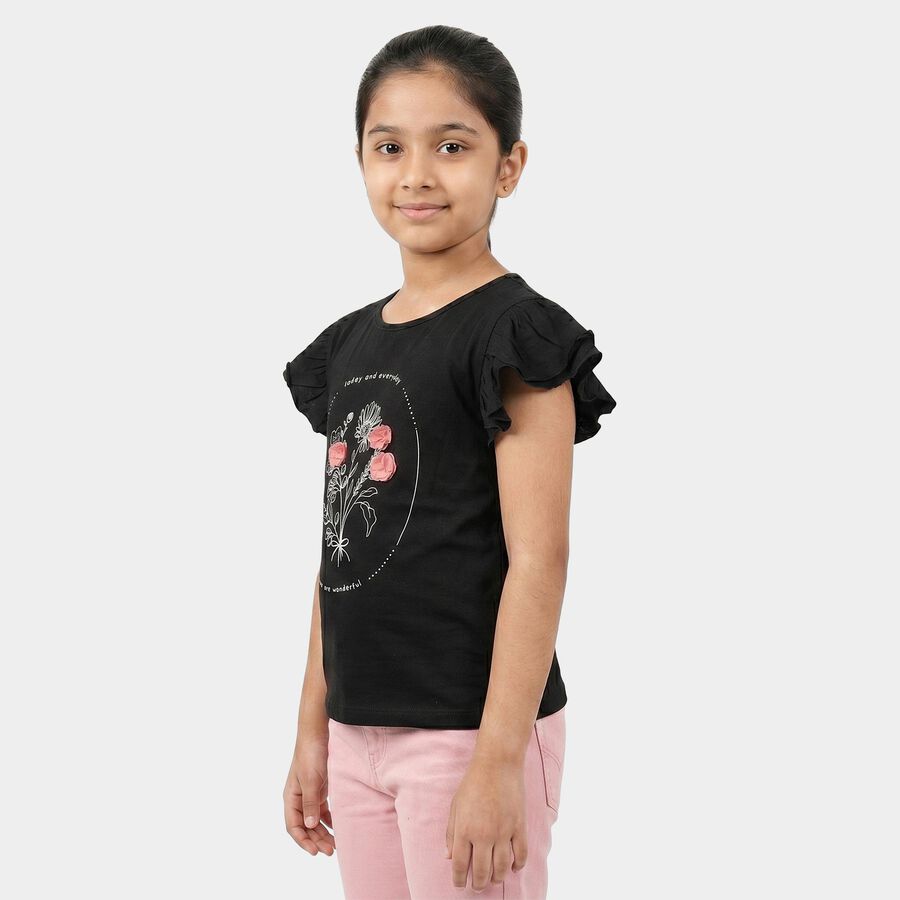 Girls Black Cotton Round Neck Regular T-Shirt, Black, large