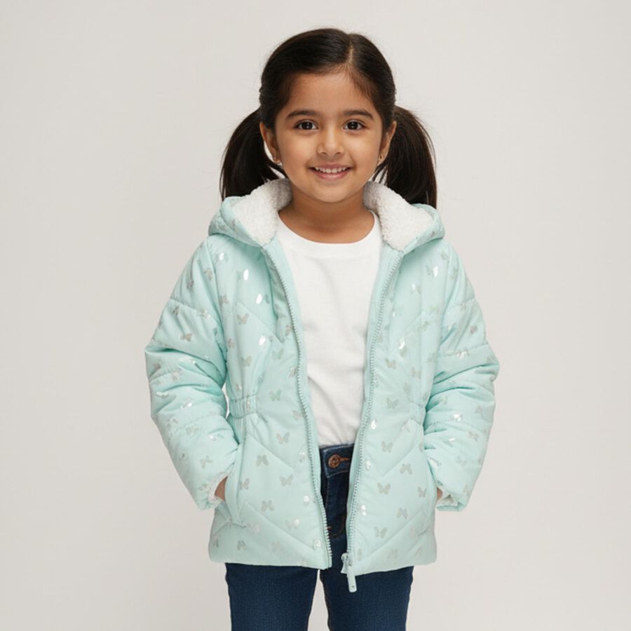 Girls Mint Green Hooded Casual Jacket, एक्वा, large image number null