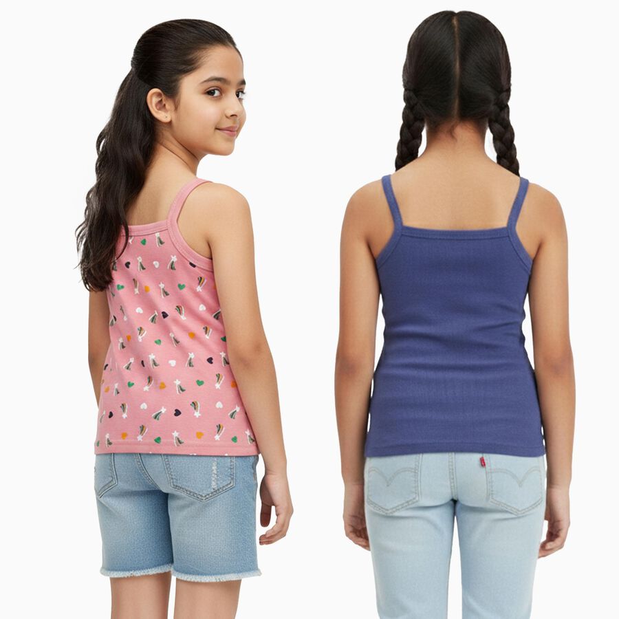 Girls' Pink Printed and Blue Solid Cotton Sleeveless Vest Set, Dark Blue, large image number null
