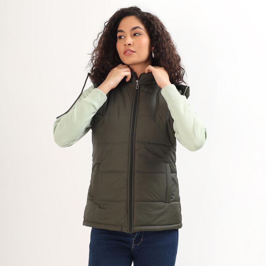 Women's Olive Hooded Sleeveless Puffer Jacket, Olive, large image number null