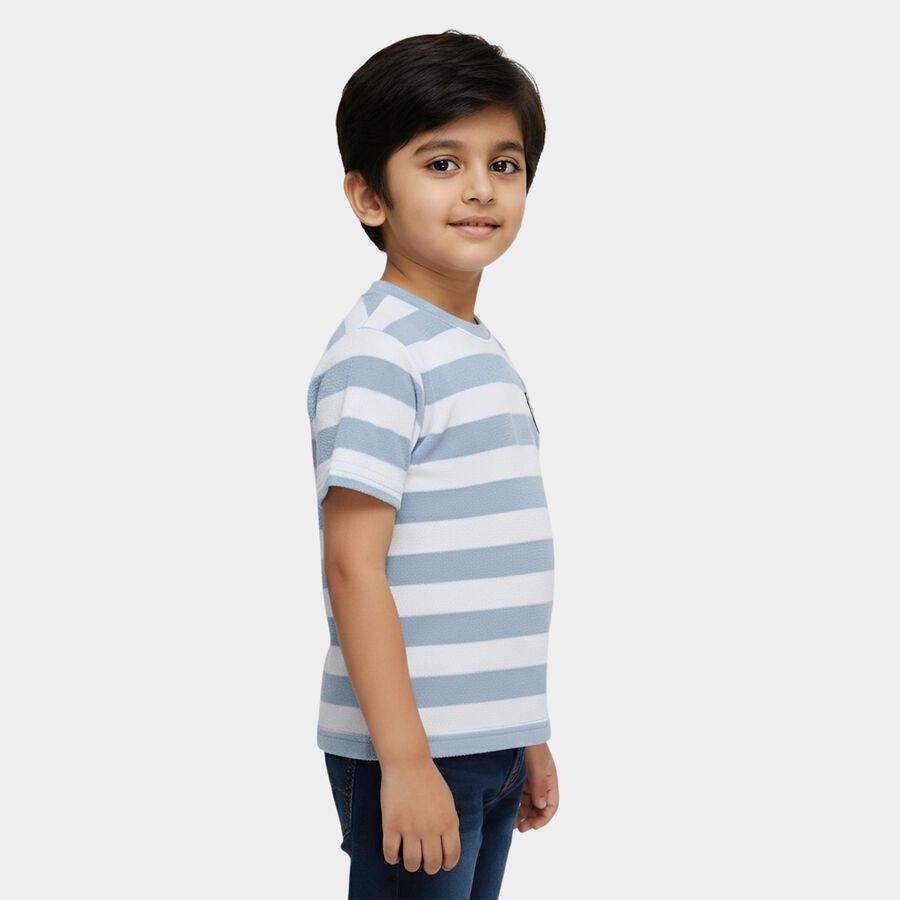 Boys' Light Blue Cotton Blend Round Neck Striped T-Shirt, हल्का नीला, large