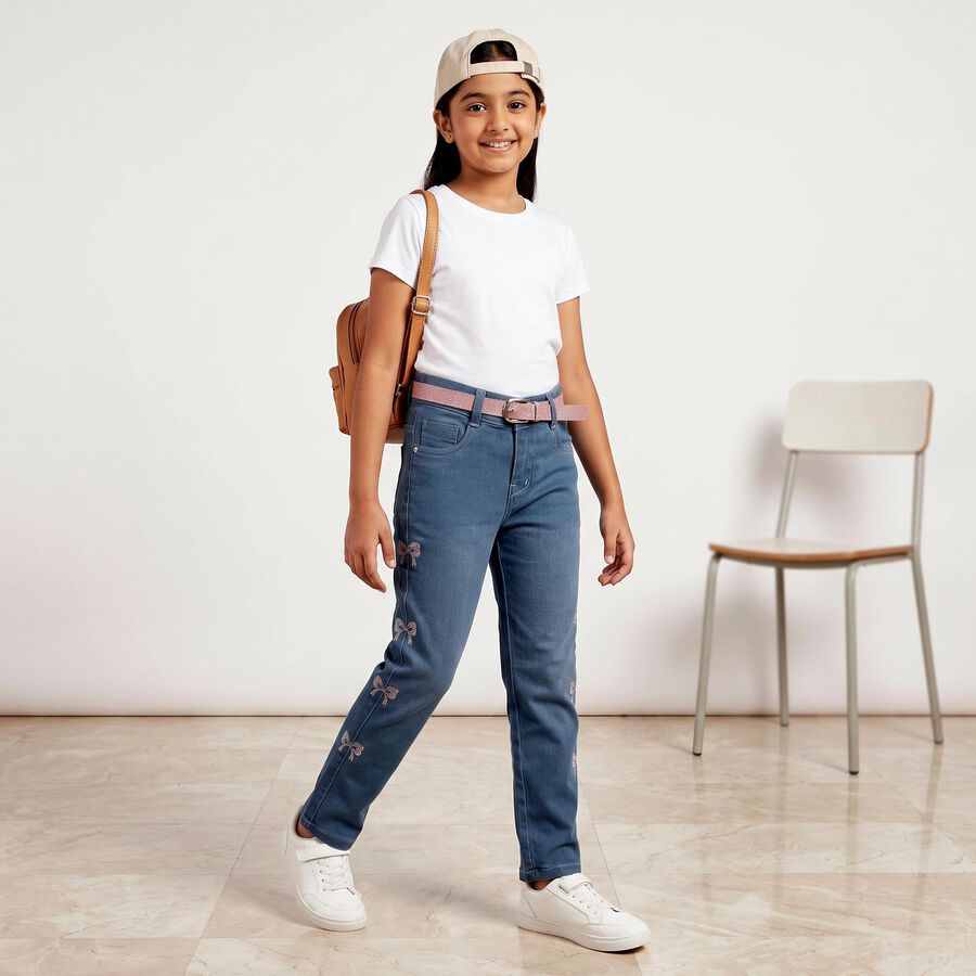 Girls' Light Blue Straight Fit Bow Jeans, हल्का नीला, large