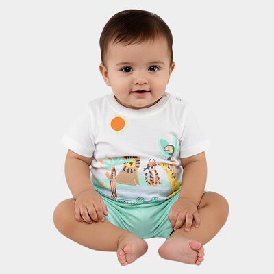 Infants' Light Green Cotton Round Neck Jungle Print Baba Suit
