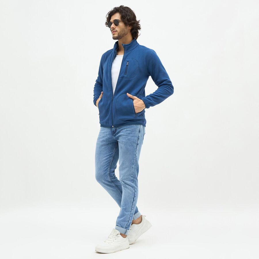 Men's Deep Steel Blue High Neck Full Zip Sweatshirt, Teal Blue, large image number null