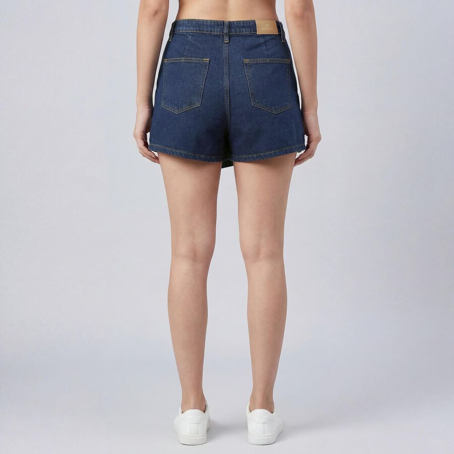 Women's Blue Regular Fit Frayed Hem Denim Shorts, Dark Blue, large