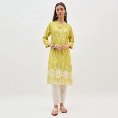 Women's Light Lime Green Round Neck Printed Kurta
