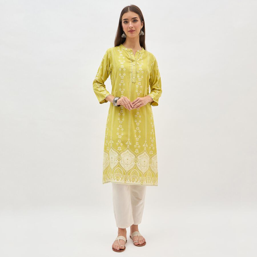 Women's Light Lime Green Round Neck Printed Kurta, Light Green, large