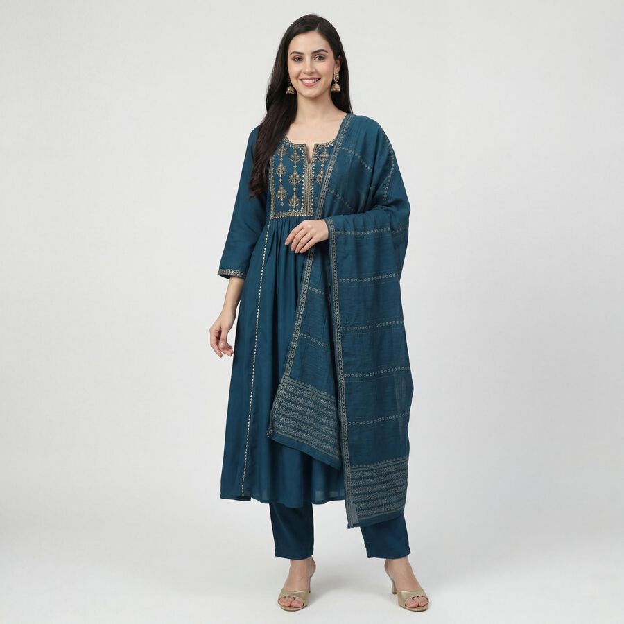 Women's Teal Blue Ethnic Set, टील ब्लू, large