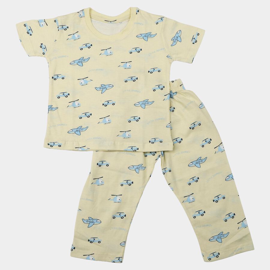 Boys Yellow Cotton Round Neck Graphic Printed Night Suit, पीला, large