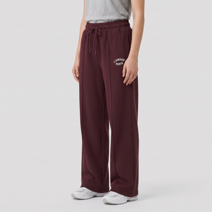 Women's Wine Relaxed Fit Pintuck Wide Leg Track Pants, वाइन, large