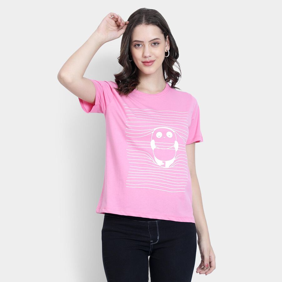 Ladies'  Stripes Round Neck T-Shirt, Light Pink, large image number null