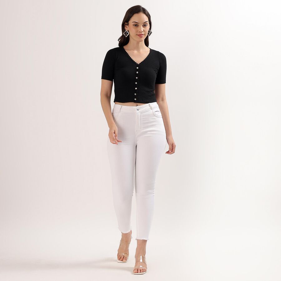 Women's Jet Black V-Neck Casual Crop Top, Black, large image number null