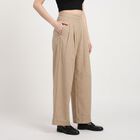 Women's Beige Wide Leg Pleated Trousers, Beige, small