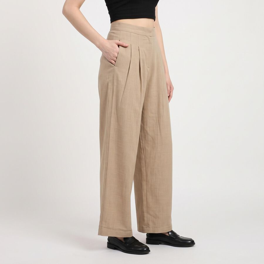 Women's Beige Wide Leg Pleated Trousers, Beige, large