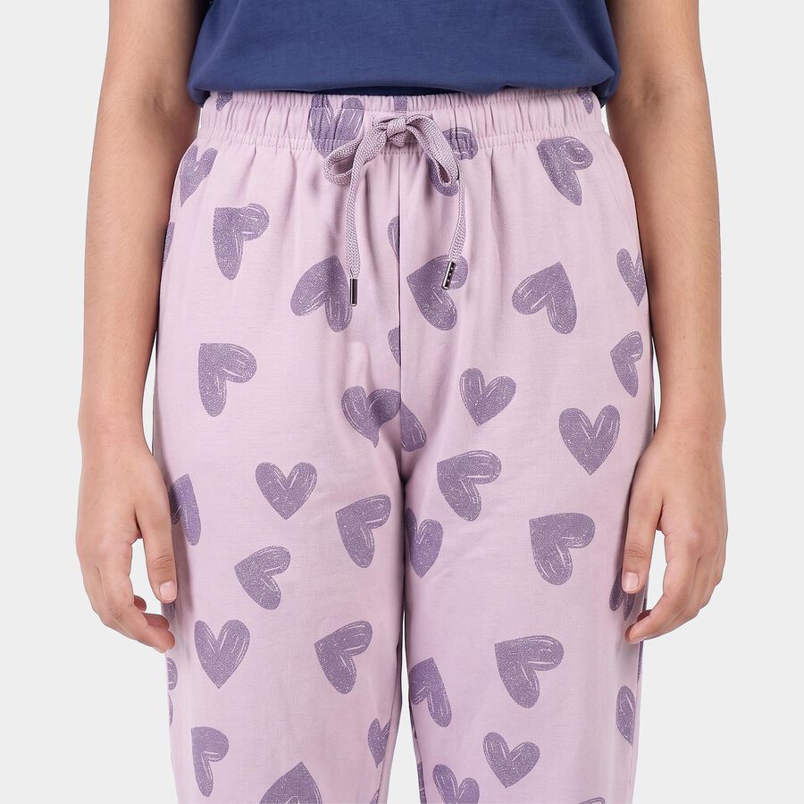 Girls' Lilac Heart Printed Drawstring Pyjama, Lilac, large