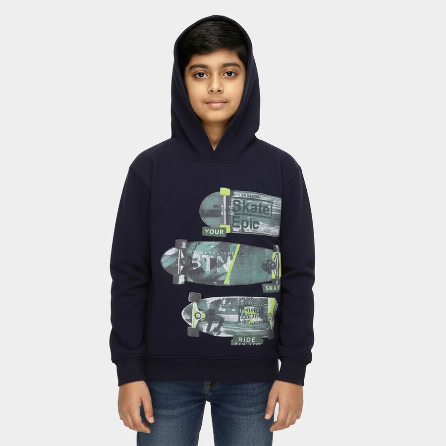 Boys Deep Midnight Navy Blue Hoodie Neck Graphic Sweatshirt, Navy Blue, large image number null