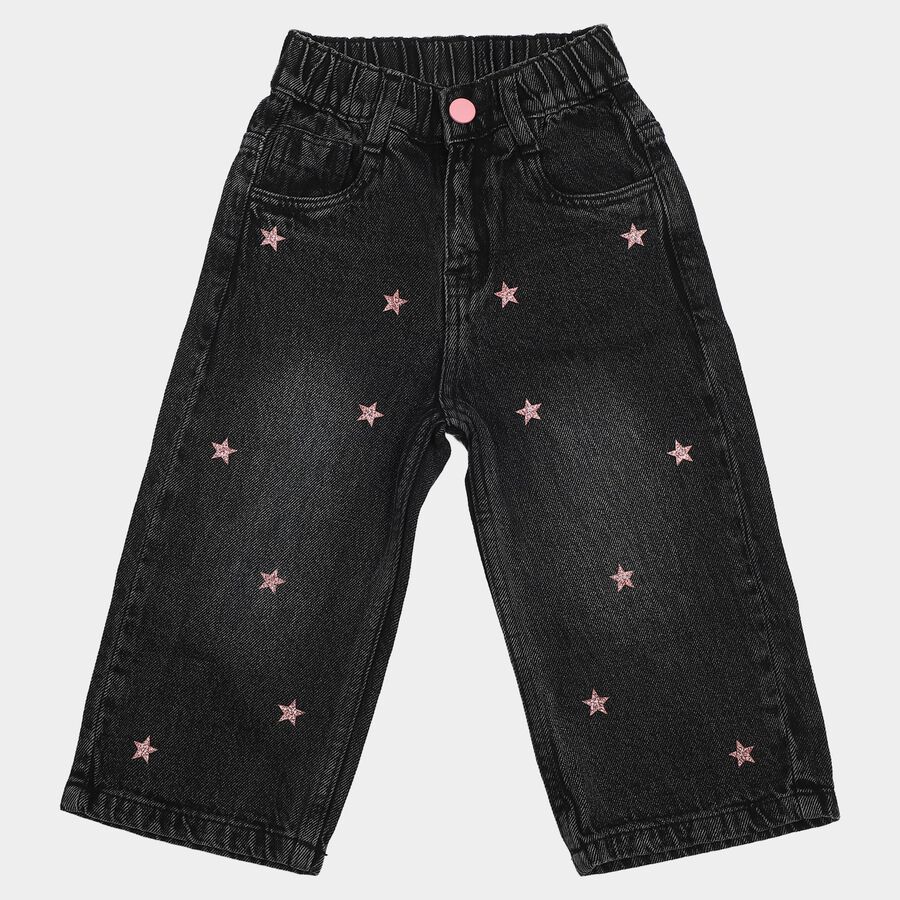 Girls' Black Wide Leg Star Printed Jeans, Black, large