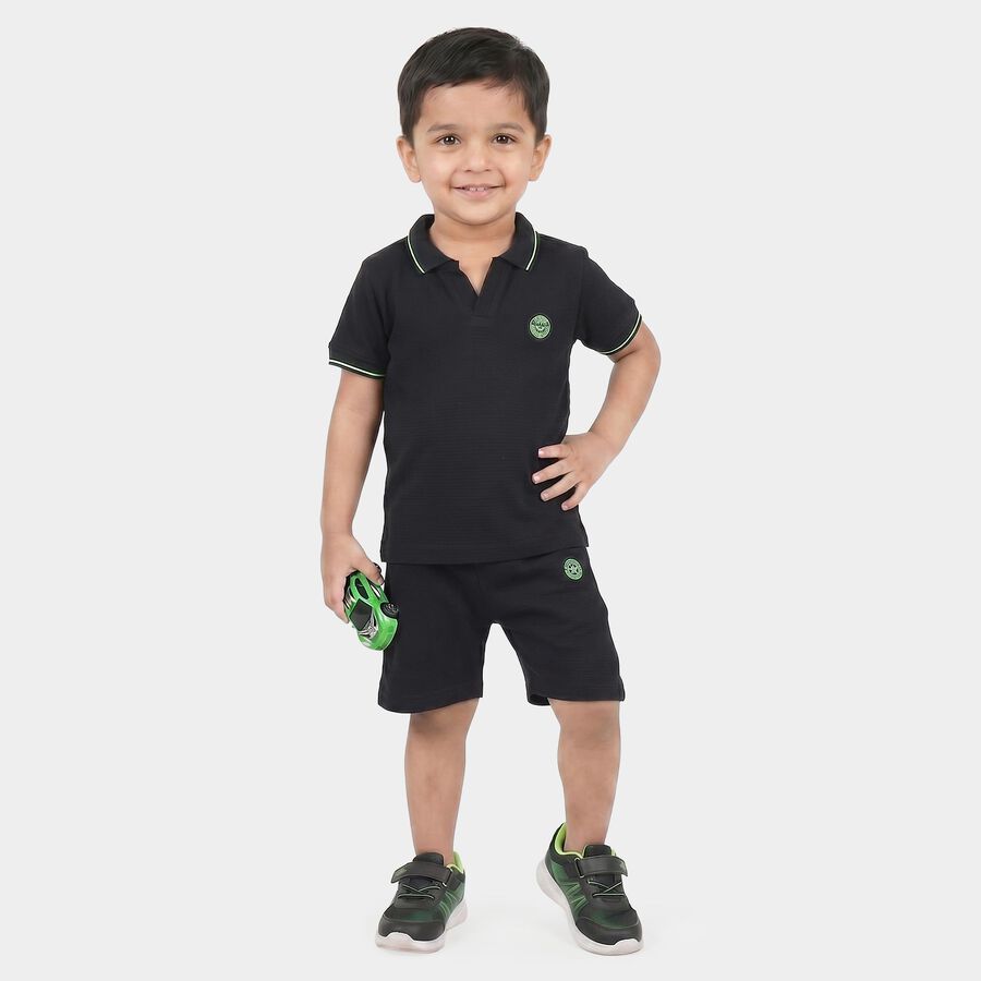 Boys Navy Blue Polo Neck Printed Baba Suit, Navy Blue, large