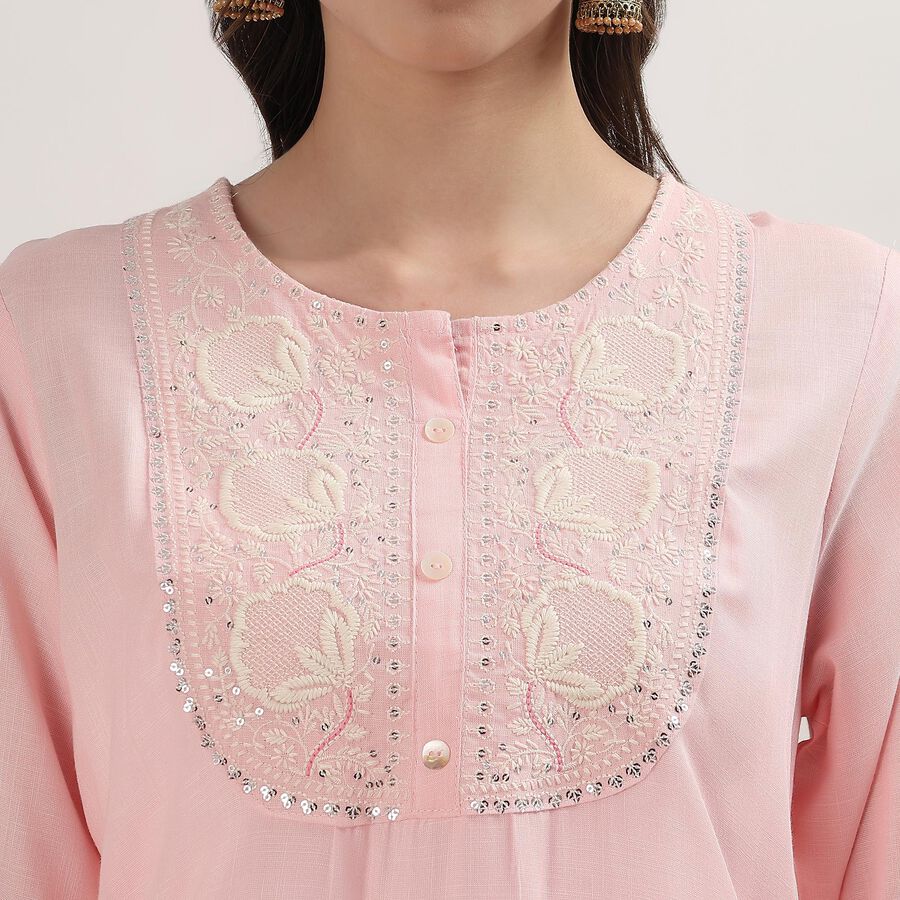 Women's Pink Mandarin Collar Floral Printed Straight Kurta, हल्का गुलाबी, large