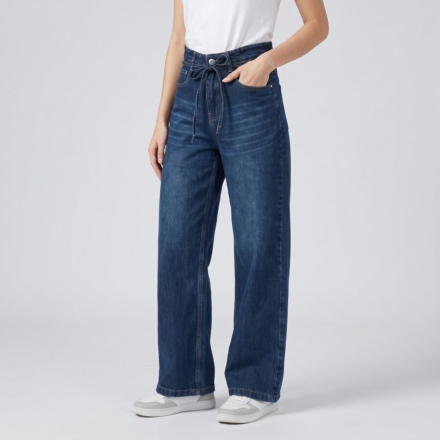 Women's Navy Blue Wide Leg Tie-Up Waist Jeans, गहरा नीला, large