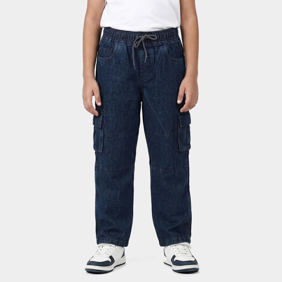 Boys' Navy Blue Straight Fit Cargo Jeans, मध्यम नीला, large
