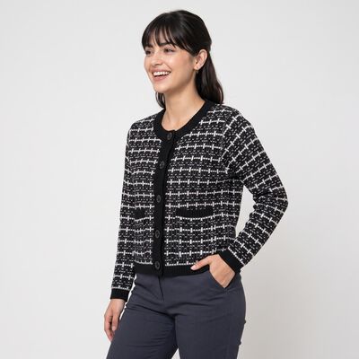 Women's Black Round Neck Button-Front Cardigan